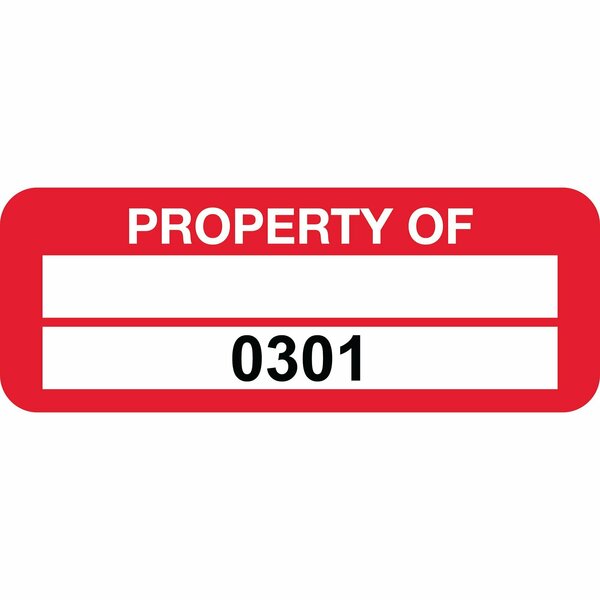 Lustre-Cal PROPERTY OF Label, Polyester Dark Red 2in x 0.75in  1 Blank Pad & Serialized 0301-0400, 100PK 253744Pe2Rd0301